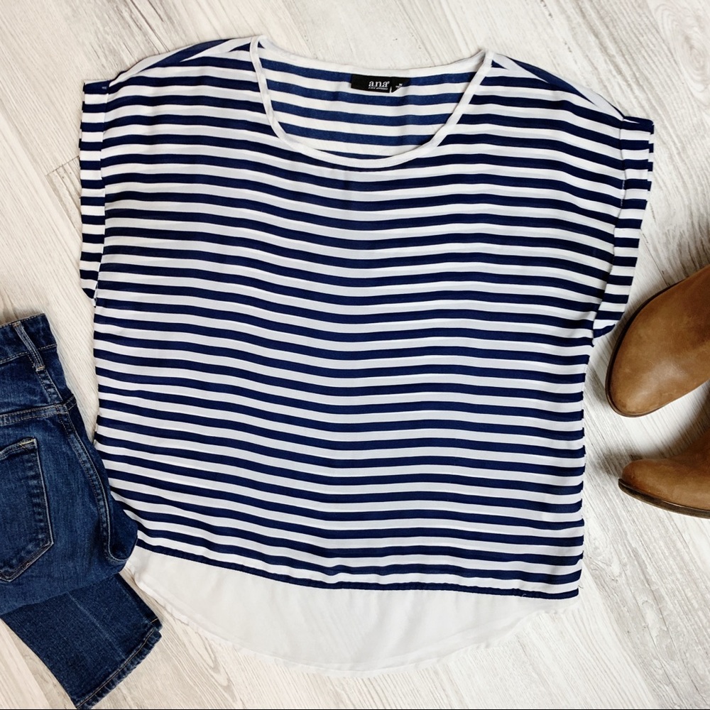 A.N.A. Sheer Navy Striped Blouse